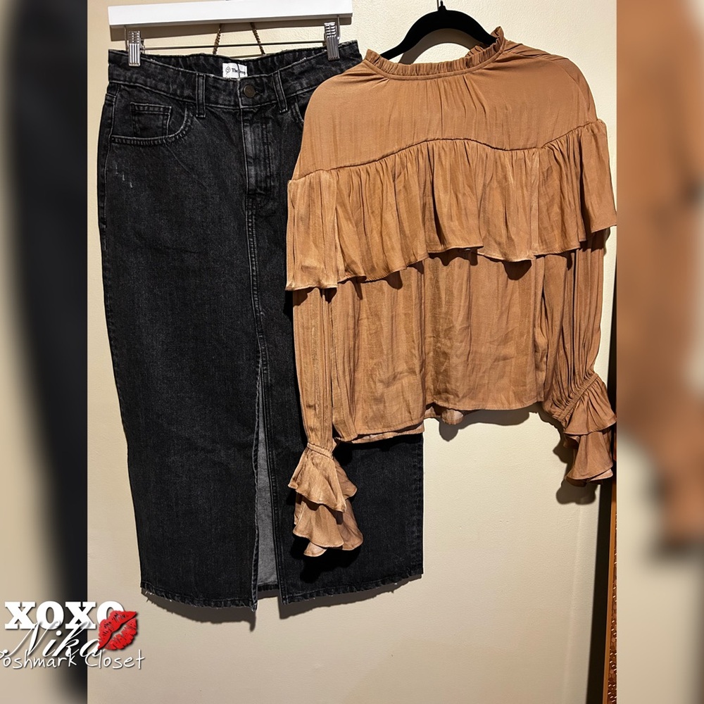 The Drop 2pc Bundle: denim skirt and ruffle blouse - Size Medium